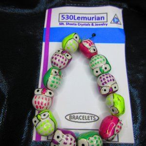 Green Purple & Pink Owls Ceramic 7" Stretchy Bracelet Jewelry